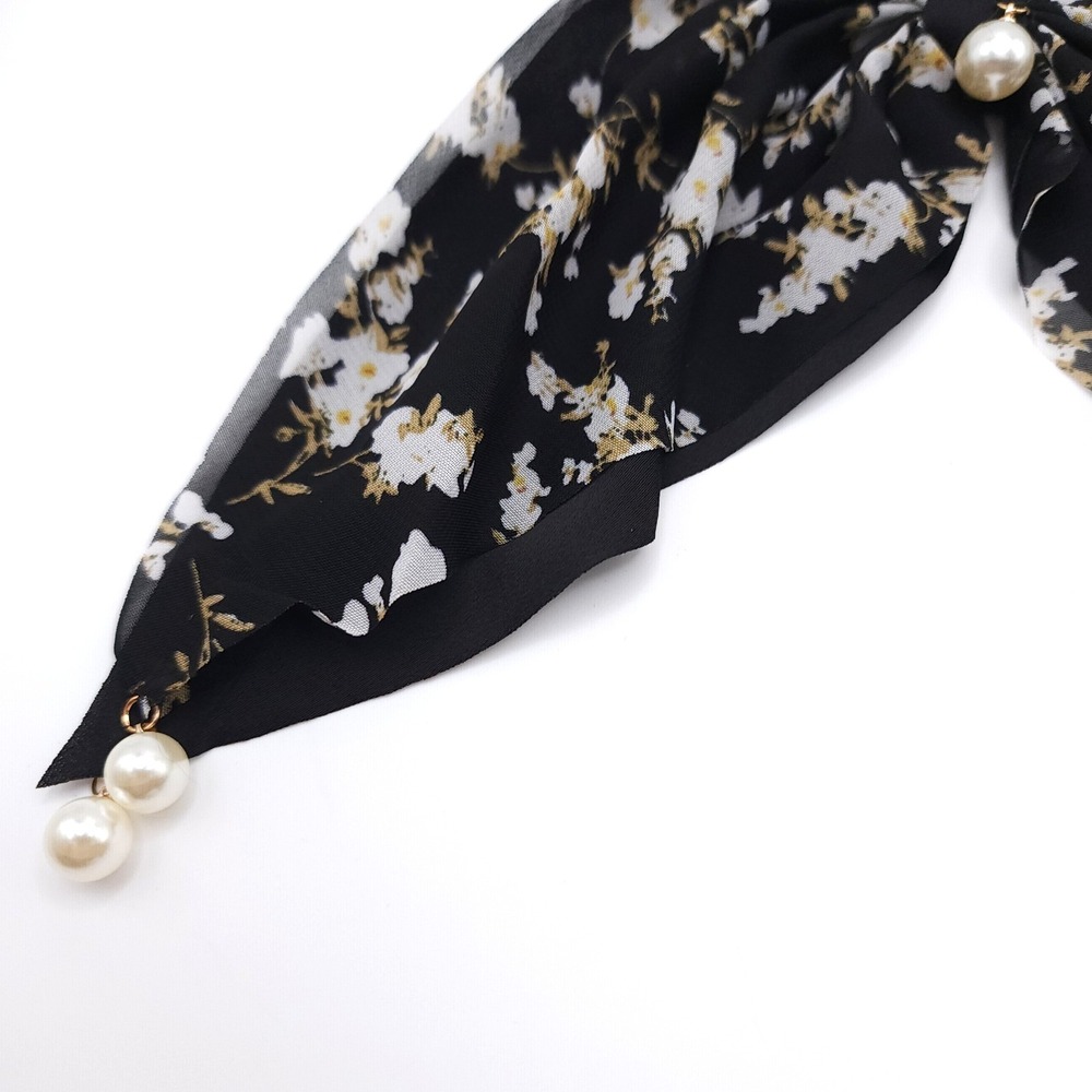 Black Floral Ribbon Scrunchie Faux Pearl Hair Tie Women's Boho Elegant Accessory - Picture 3 of 4